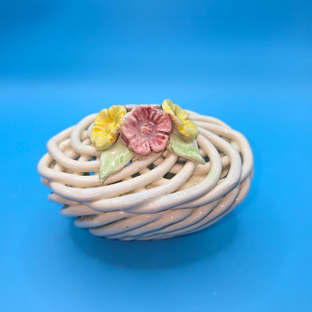Vintage Porcelain Trinket Dish with Lid | Woven Basket Rope Design | 1950s